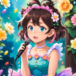 a girl in a blue dress holding a microphone