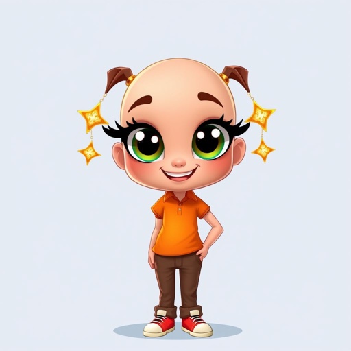 a bald girl wearing an orange polo t-shirt and brown pants, and gold earrings