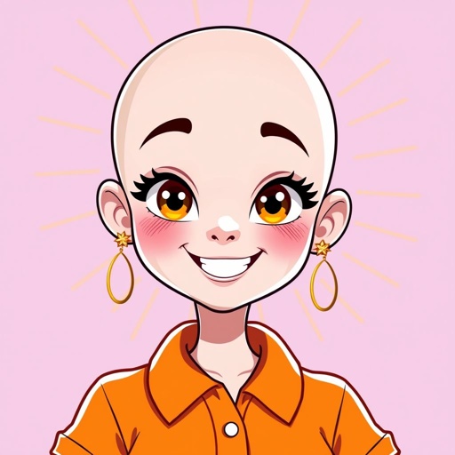 a bald girl wearing an orange polo t-shirt, and gold earrings