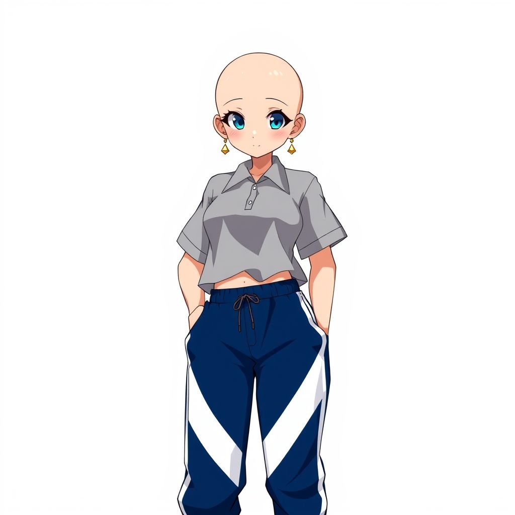 a bald girl wearing a light gray polo t-shirt tuck into dark blue track pants with white stripes, and gold earrings