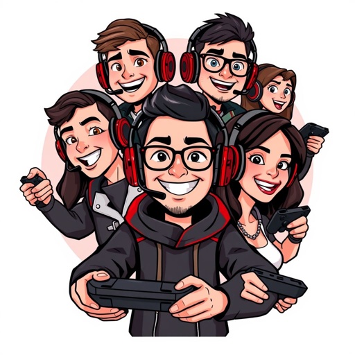 Do a group of men and woman with head sets and gaming controllers , colour theme black and red and white