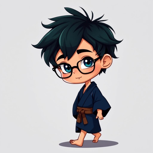 Can you create a anime style I’m a 7 year boy name Yuvan and I have messy long darkish green hair and my eyes are darkish blue with a mixer of light blue and I have these long glasses on my nose and I am wearing this deepest darkish blue kimono and I don’t wear any shoes and I walk barefoot and I am mute I don’t talk to anybody.