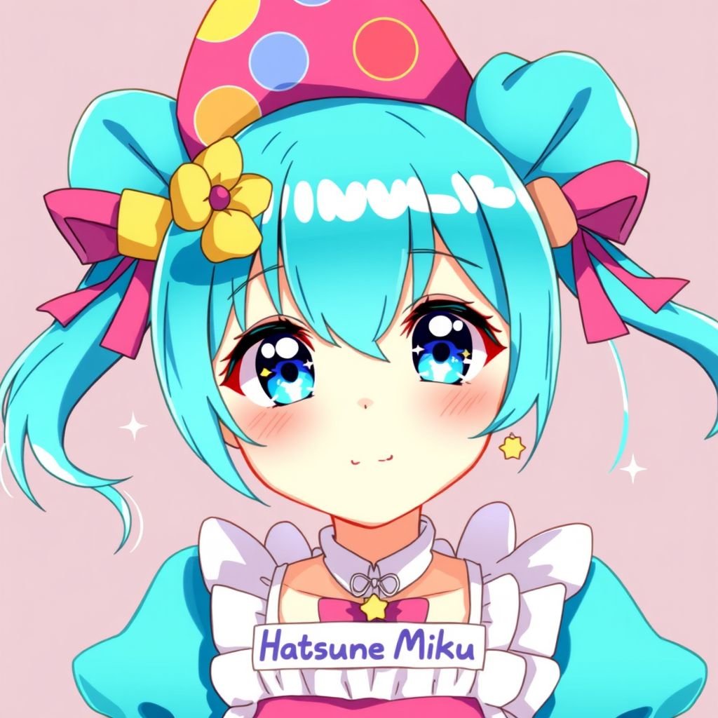 A girl with blue hair in pigtails with a colorful hat In a blue maid dress with blue eyes and stars in them and her name is "hatsune Miku"