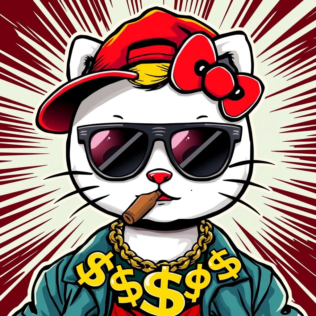 A gangster Hello Kitty with a snus under her lip, showing peace, and wearing sunglasses that are slightly turned down so you can still see her eyes, a red cap that's on backwards, and a striking necklace with these gold "$" symbols.