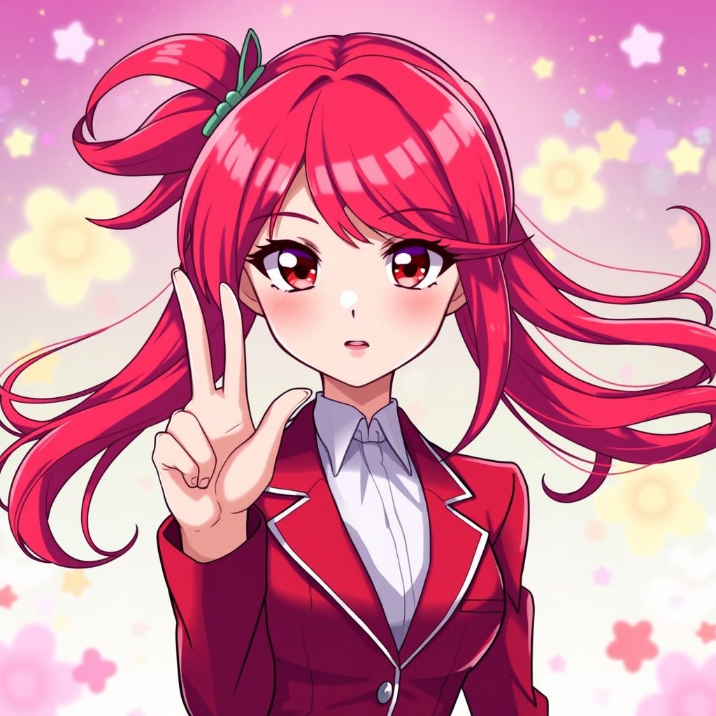 A girl with red hair, eyes, and a red suit her name is teto her hair is pigtails but their like MLP rarity's tail 2 sides of it. And she is doing the SOS sign.