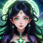 a girl with long black hair and green eyes