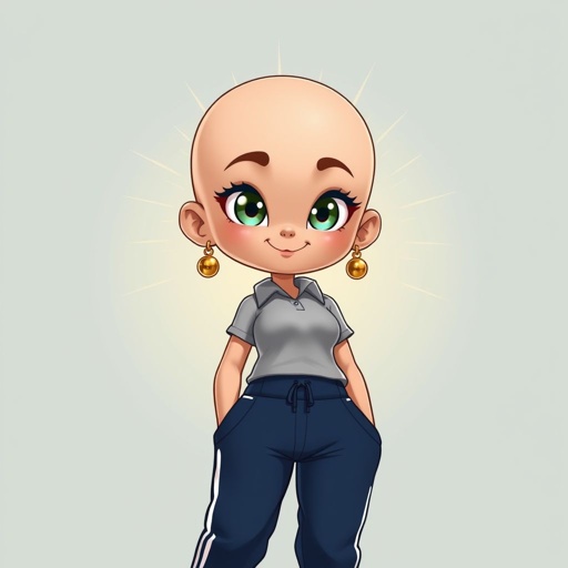 a bald girl wearing a light gray polo t-shirt tuck into dark blue track pants with white stripes, and gold earrings