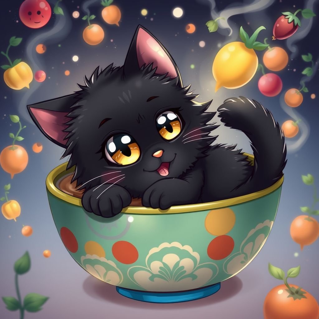A black cat in a soup dish