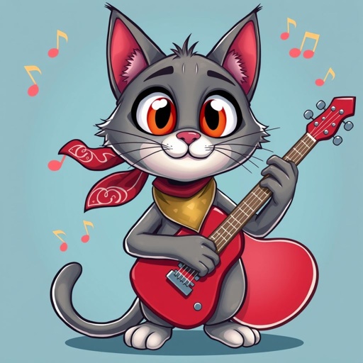 Grey cat with red guitar