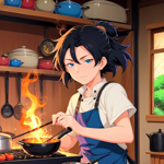a woman cooking in a kitchen with a frying pan on the stove