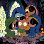 a group of cartoon characters in a cave