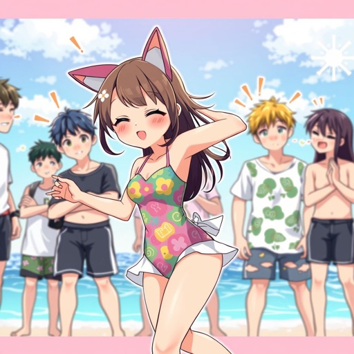 A girl with a group of boys with a swin suit on, doing a dare of dancing in front of them with cat ears on and blushing closing her eyes, the boys look at her with blood coming out of there nose blushing hard.