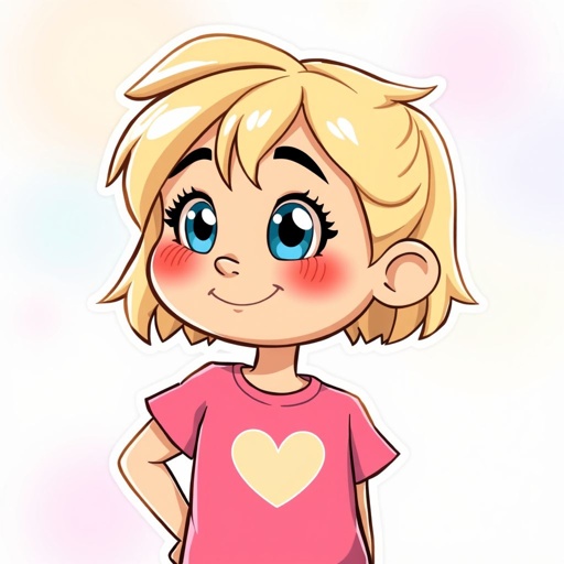 Erstelle mir bitte meine eigenen ichubi sticker in diesem design. Ich möchte, dass meine figur einen blonden Bob hat und ein rosa t-shirt trägt. Sie soll blaue Augen haben. Die Sticker möchte ich für meine Übungsmaterialien im Volksschulenunterricht als aufhübschung verwenden