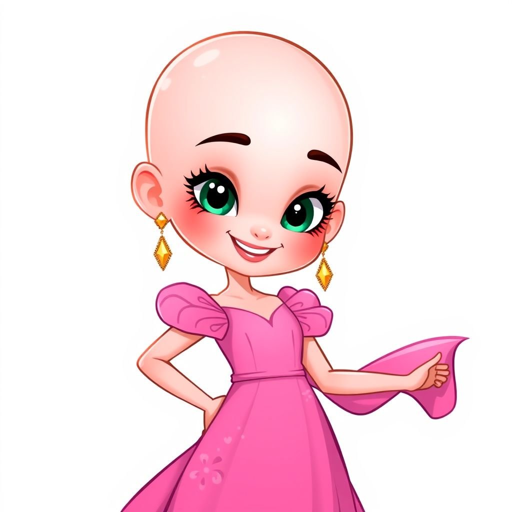 a bald girl wearing a long pink dress and gold earrings