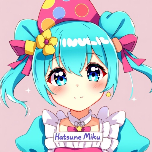 A girl with blue hair in pigtails with a colorful hat In a blue maid dress with blue eyes and stars in them and her name is "hatsune Miku"