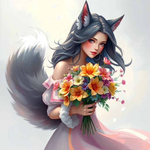 A woman with wolf ears and tail wearing dress holding a bouquet of multiple colors of flowers