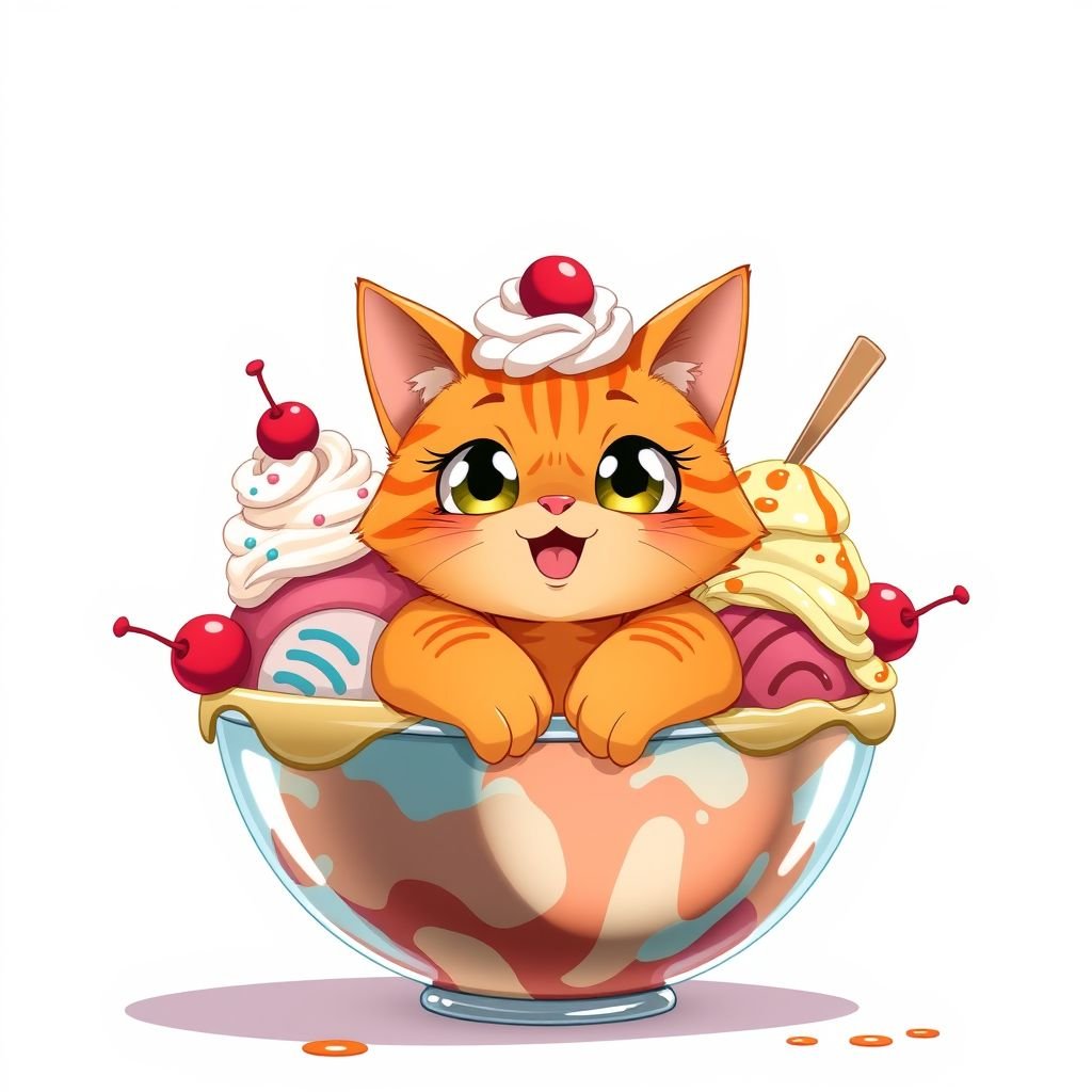 A marmalade cat on a sundae bowl