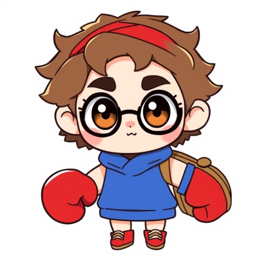 Brown curly haired, brown eyes, red headband, red boxing gloves, with a traveling duffel bag.