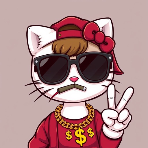 A gangster Hello Kitty with a snus under her lip, showing peace, and wearing sunglasses that are slightly turned down so you can still see her eyes, a red cap that's on backwards, and a striking necklace with these gold "$" symbols.