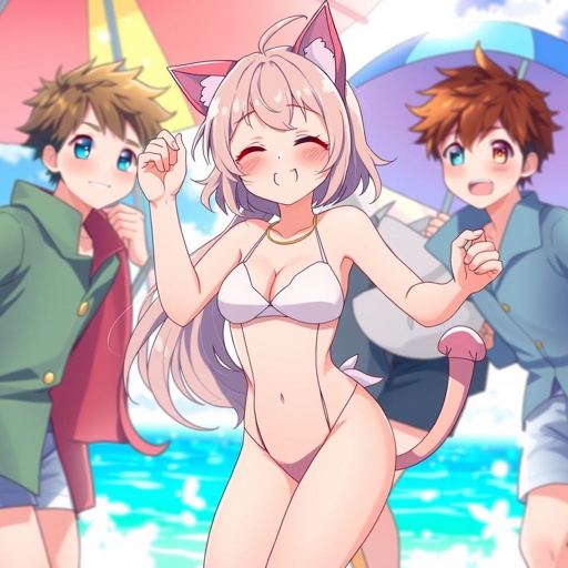 A girl with 3 boys, she dancice in front of them the boys are blushing hard the girl closed her eyes with cat ears and a swim suit on blushing while shaking and the boys fall in love with her
