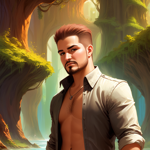 a shirtless man standing in front of a forest