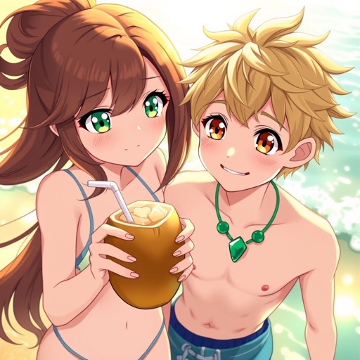 A girl on the beach, green and gold eyes, with brown hair, holding a coconut drink with a straw, and looking at a boy smiling, the boy looks like this: brown eyes, green highlights and blonde hair, with a emerald necklace, and with his swimsuit on, the girl started to fall in love and he did to.