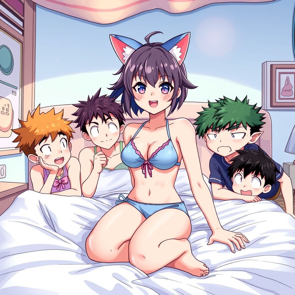 1 girl in a all boys town. She went to her new house and sat on her bed but 3 boys came and tried to kiss her and they dared her to dance with cat ears and a swim suit on so she did it