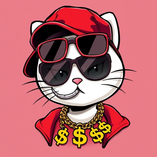 A gangster Hello Kitty with a snus under her lip, showing peace, and wearing sunglasses that are slightly turned down so you can still see her eyes, a red cap that's on backwards, and a striking necklace with these gold "$" symbols.