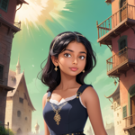 a young girl in a blue dress standing in front of a castle