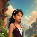 a painting of a girl standing in front of a waterfall