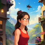 a woman in a red dress standing in front of a building
