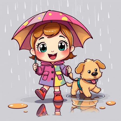 A cute girl walking her dog on a rainy day