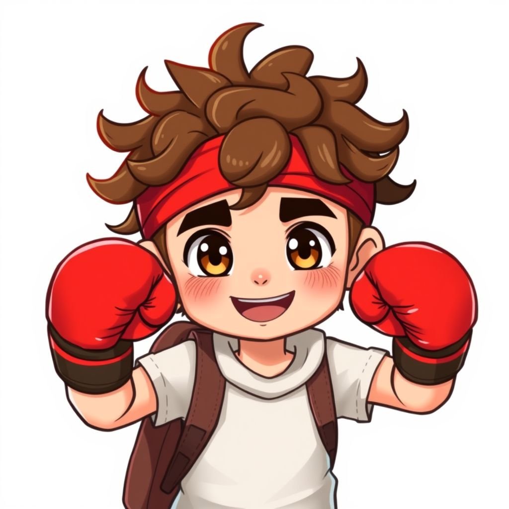 Male, Brown curly haired, brown eyes, red headband, red boxing gloves, with a traveling duffel bag.