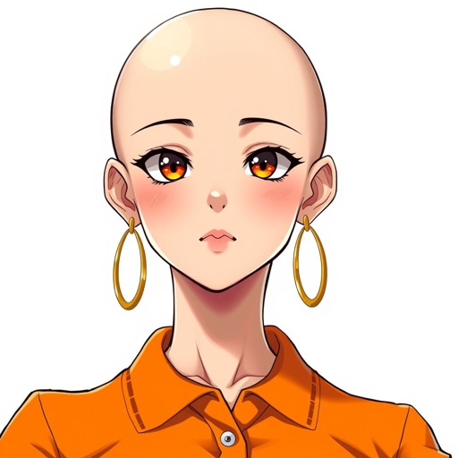a bald girl wearing an orange polo t-shirt, and gold earrings