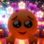 an orange ball with hearts on it sitting on a wooden floor