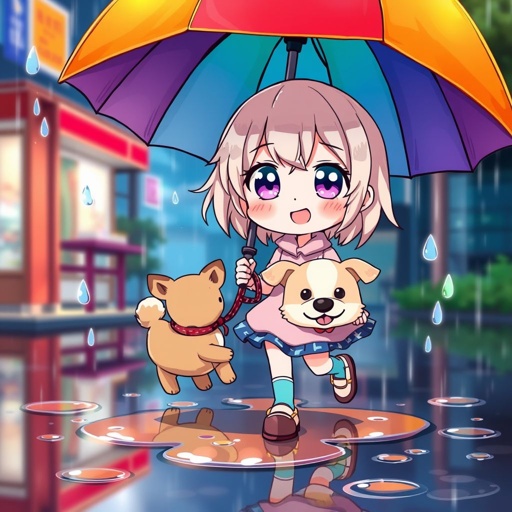 A cute girl walking her dog on a rainy day