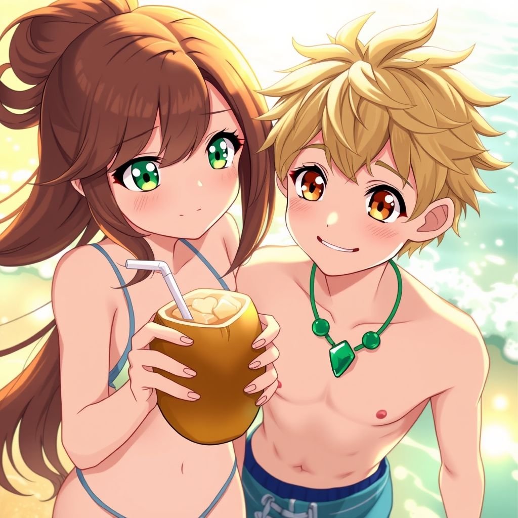 A girl on the beach, green and gold eyes, with brown hair, holding a coconut drink with a straw, and looking at a boy smiling, the boy looks like this: brown eyes, green highlights and blonde hair, with a emerald necklace, and with his swimsuit on, the girl started to fall in love and he did to.