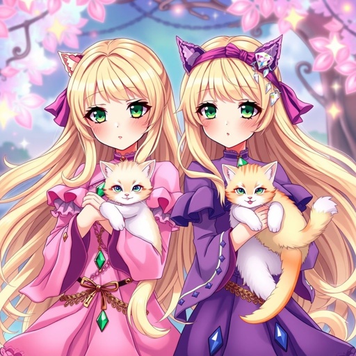 The cat twins! They have blonde hair green eyes and 2 cats in their hands try both have pink and purple dress on one has a emerald necklace and the other one has a amethyst necklace, they both have diamond cat clips, they both have powers.