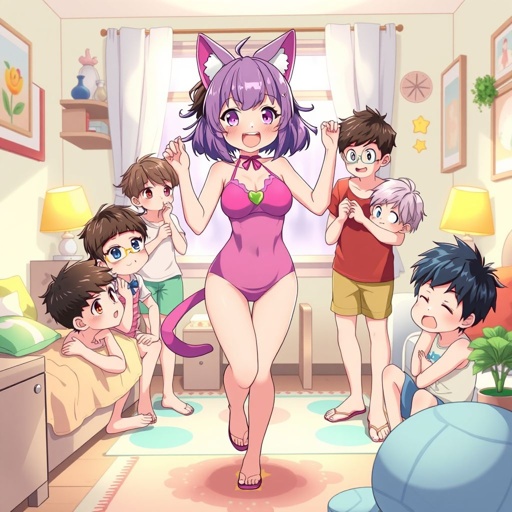 A girl with cat ears with a swim suit on in her room 5 boys are in there with her and the boys blush and the girl dancice in front of them with a scared look on her face