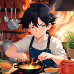 a man cooking food in a frying pan