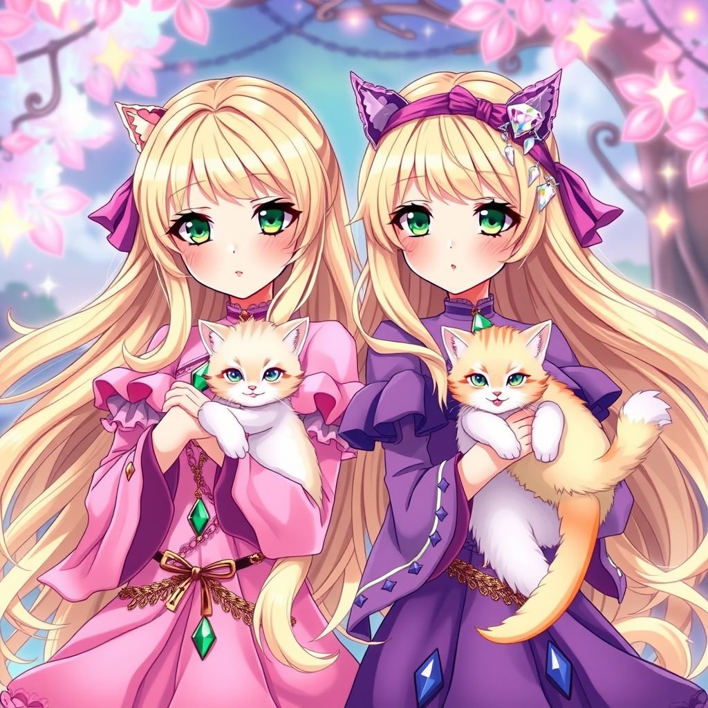 The cat twins! They have blonde hair green eyes and 2 cats in their hands try both have pink and purple dress on one has a emerald necklace and the other one has a amethyst necklace, they both have diamond cat clips, they both have powers.