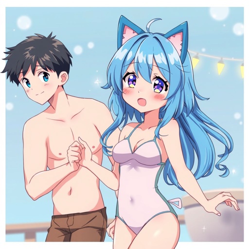 A girl with her boyfriend he wants her to dance with a swim suit and with cat ears the girl got really scared so she did it and he was blushing really really really really really really really really really really really really hard and she was c