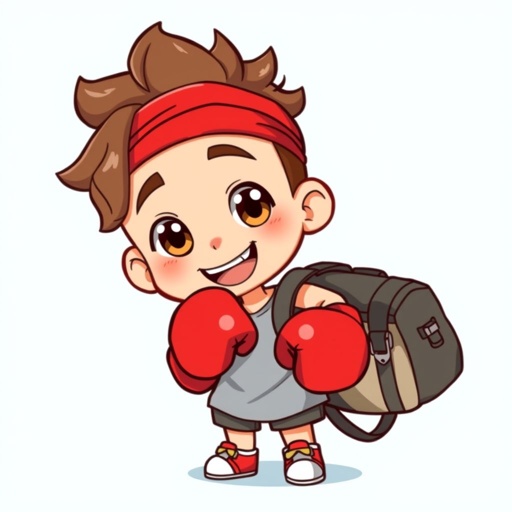 Male, Brown curly haired, brown eyes, red headband, red boxing gloves, with a traveling duffel bag.