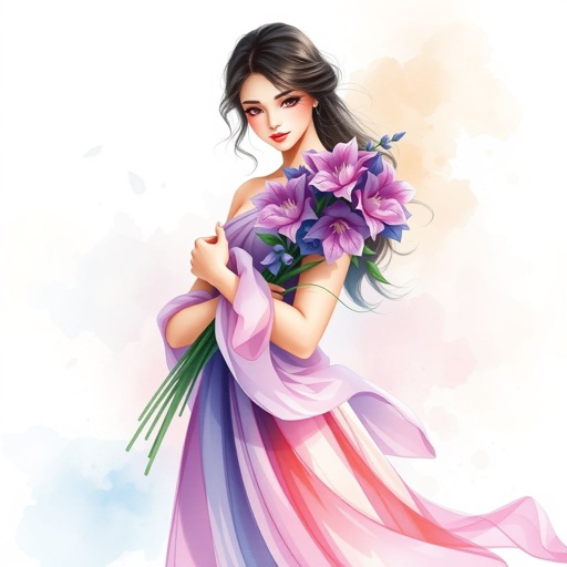 A woman wearing dress holding a bouquet of purple of flowers
